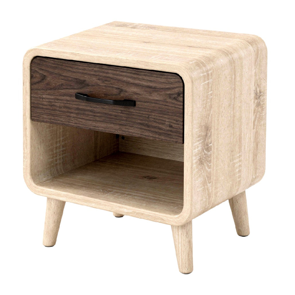 **Szafka nocna z szufladą, naturalne drewno, nowoczesny design**